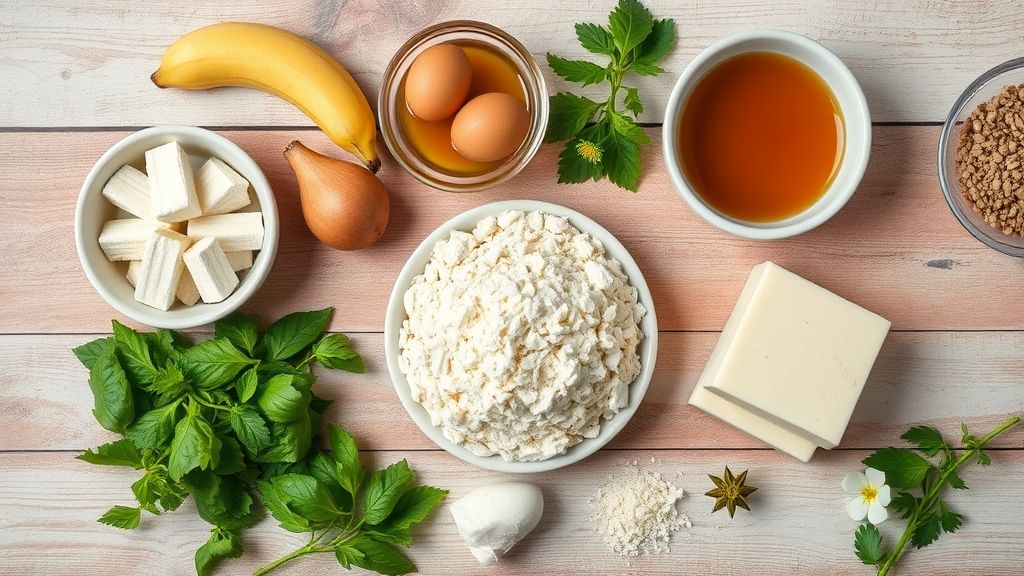 Visão de cima com os ingredientes do bolo de banana e caramelo organizados em uma bancada