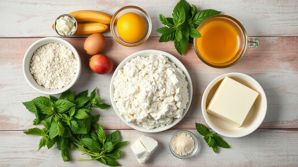 Visão de cima com bananas, ovos, açúcar, farinha e fermento dispostos em uma bancada