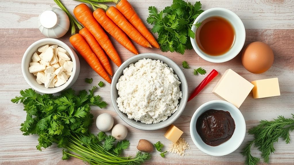 Visão de cima com os ingredientes da receita organizados em uma bancada