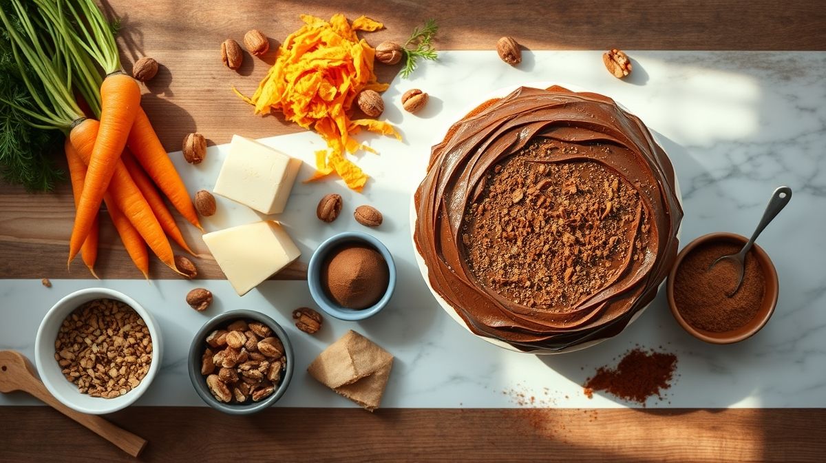 Visão de cima com os ingredientes da receita organizados em uma bancada