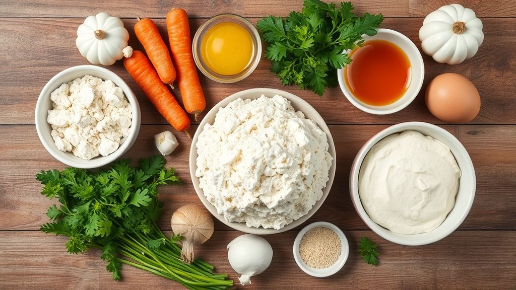 Visão de cima dos ingredientes do bolo de cenoura organizados em uma bancada de madeira