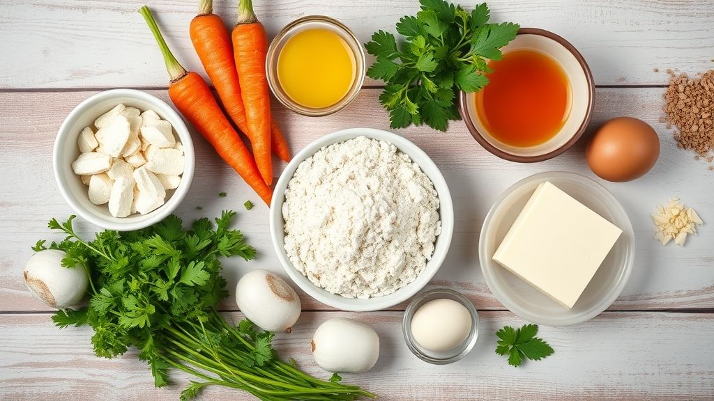 Visão de cima com os ingredientes do bolo de cenoura organizados em uma bancada de madeira