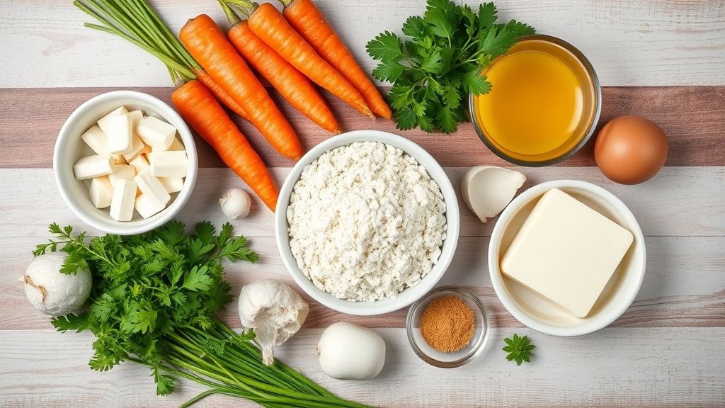 Ingredientes frescos do bolo de cenoura sem óleo organizados sobre bancada de madeira