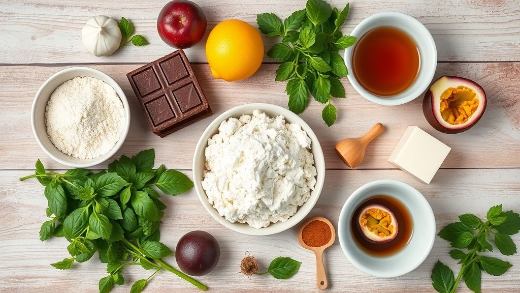 Visão de cima com os ingredientes do bolo organizados sobre bancada rústica