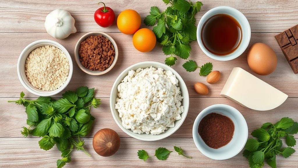 Vista superior dos ingredientes do bolo de chocolate dispostos em tigelas sobre bancada de mármore