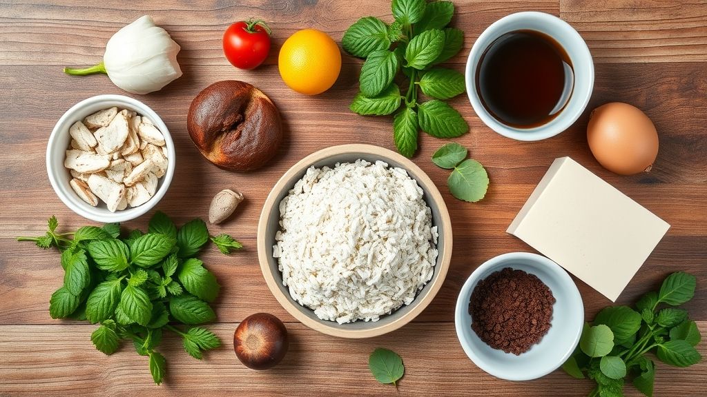 Visão de cima com o leite, achocolatado e amido de milho organizados sobre bancada de madeira.