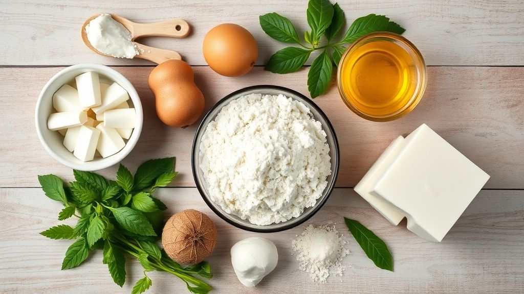 Ingredientes do bolo de coco organizados sobre bancada de madeira, vistos de cima