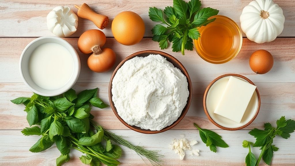 Vista superior com ovos, leite, coco ralado e outros ingredientes da receita organizados sobre uma bancada