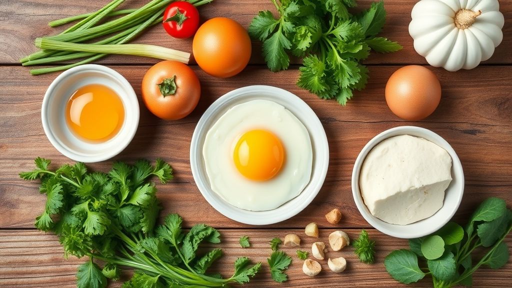 Ingredientes separados e organizados em uma bancada de madeira rústica para o preparo do bolo de frigideira