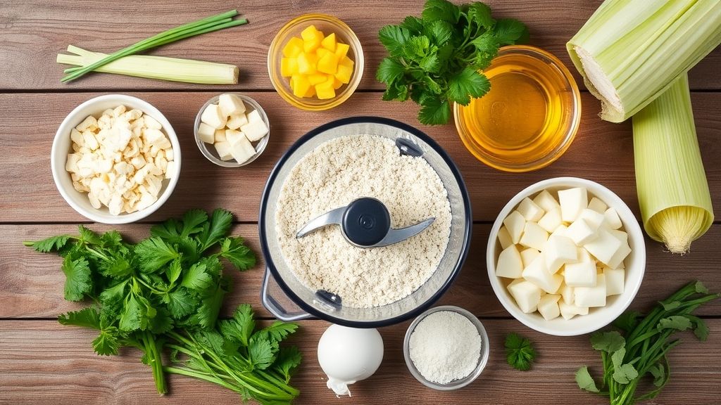 Visão de cima dos ingredientes dispostos em tigelas sobre bancada de madeira rústica.