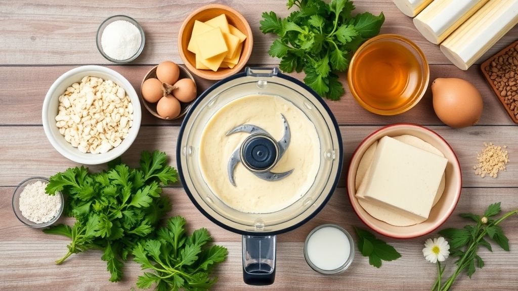 Visão de cima com ovos, fubá, leite, manteiga e açúcar dispostos sobre bancada rústica