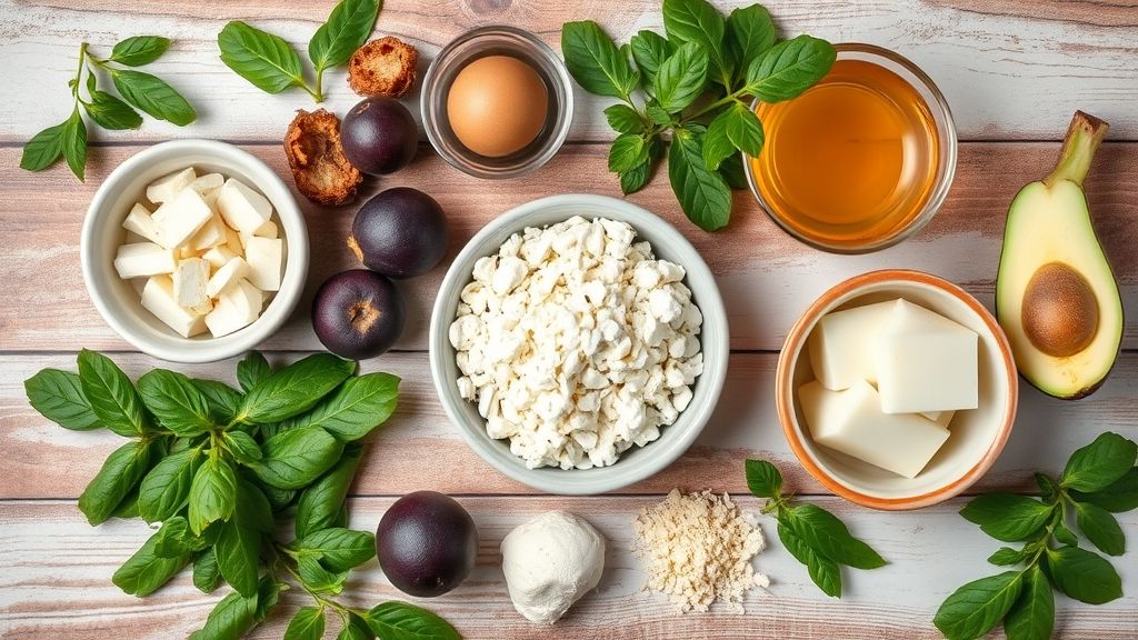 Ingredientes frescos dispostos na bancada, incluindo jabuticabas, ovos, farinha, açúcar e óleo.