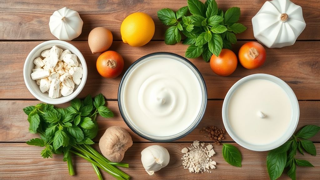 Visão de cima com os ingredientes da receita organizados em uma bancada de madeira