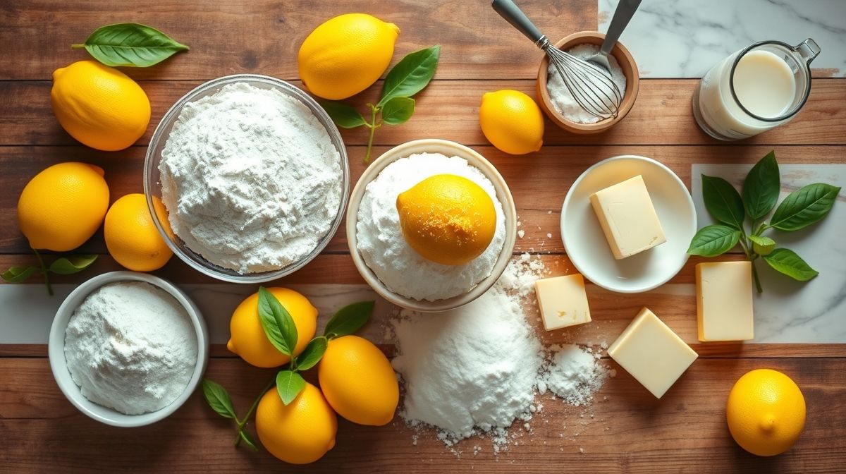 Visão de cima com os ingredientes da receita organizados em uma bancada de madeira clara