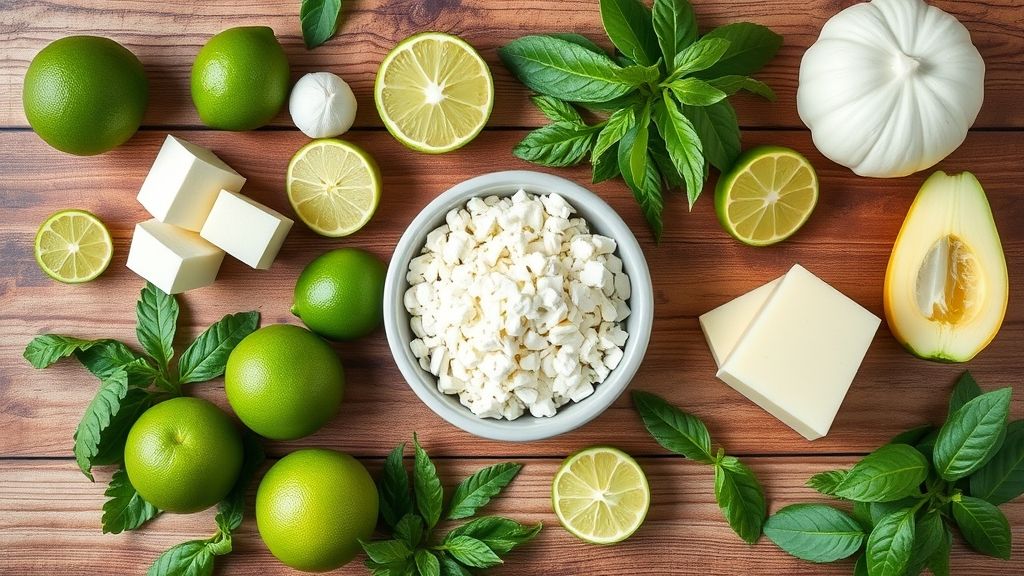 Visão de cima com os ingredientes do bolo de limão verde organizados em uma bancada de madeira
