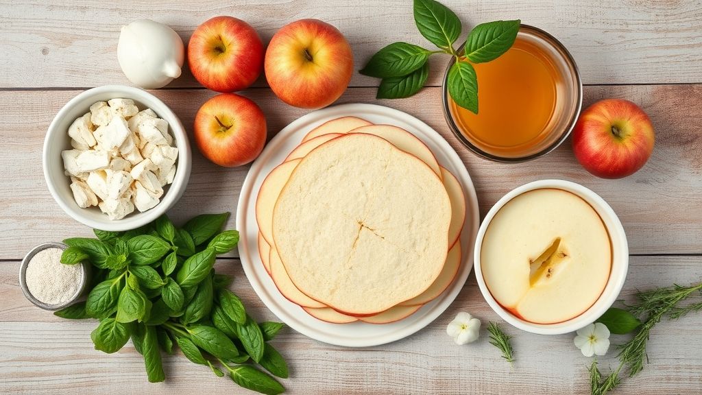 Ingredientes do bolo de maçã organizados em flat lay em bancada de madeira