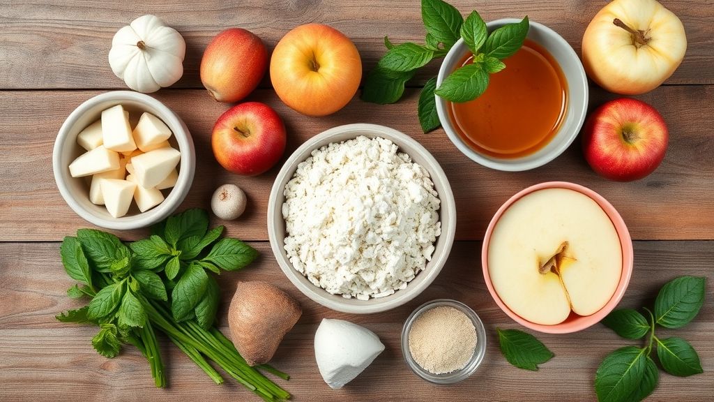 Visão de cima com maçãs, farinha de aveia, canela e demais ingredientes da receita organizados em bancada rústica