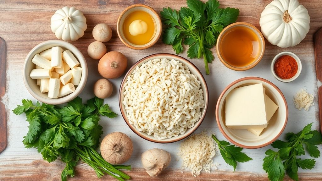 Visão de cima com mandioca ralada, ovos, leite de coco, açúcar e coco ralado dispostos na bancada