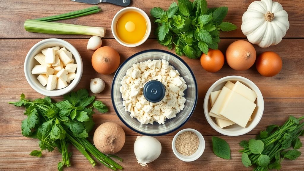 Visão de cima com mandioca ralada, ovos, leite, manteiga e coco dispostos em tigelas sobre bancada de madeira.