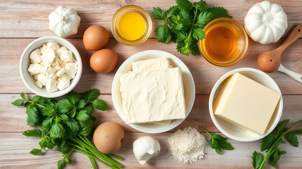 Visão de cima com ovos, manteiga, farinha e açúcar organizados em tigelas sobre bancada de madeira