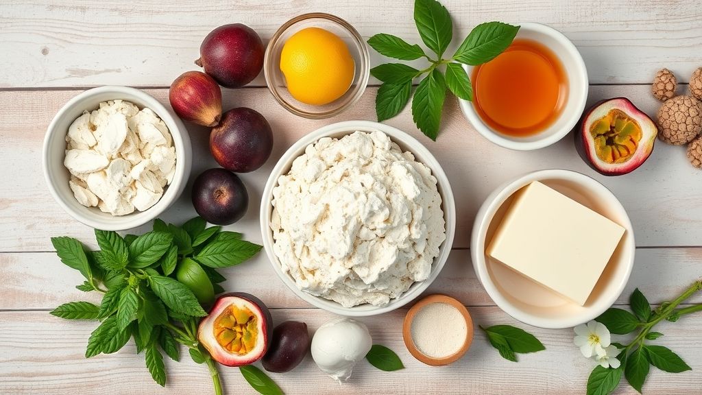 Visão de cima com ovos, maracujá, farinha e líquidos dispostos em tigelas sobre bancada rústica