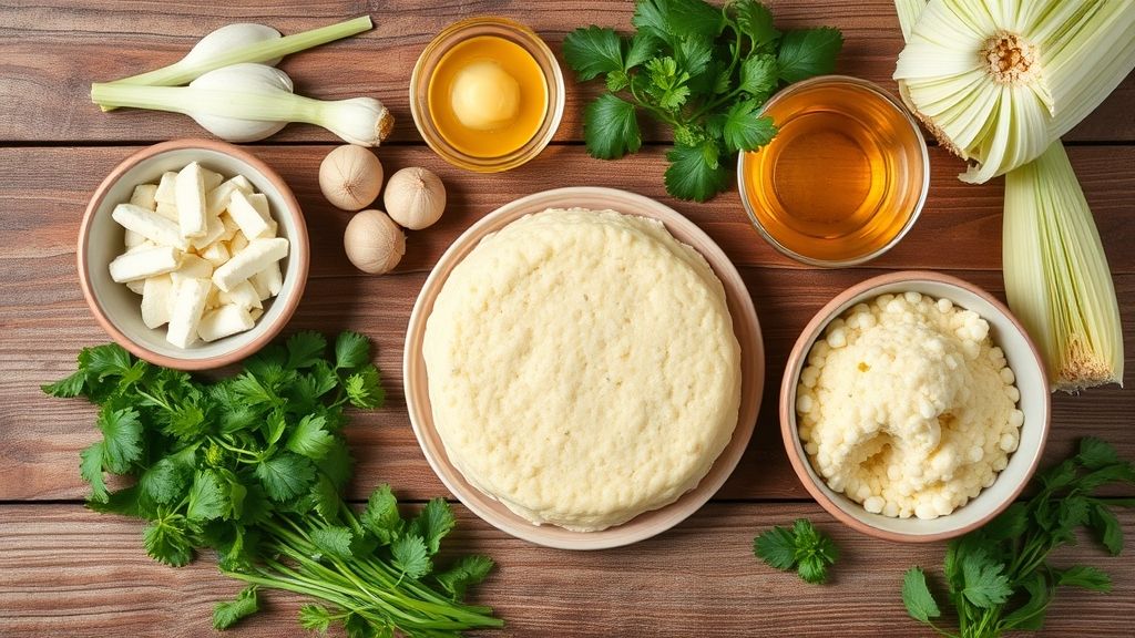 Visão de cima mostrando ovos, fubá, milho natural, açúcar, leite e óleo organizados em bancada de madeira.