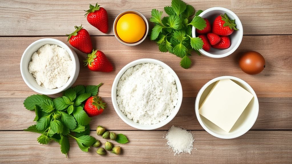 Visão de cima dos ingredientes separados para o bolo de morango na caneca sobre bancada de madeira