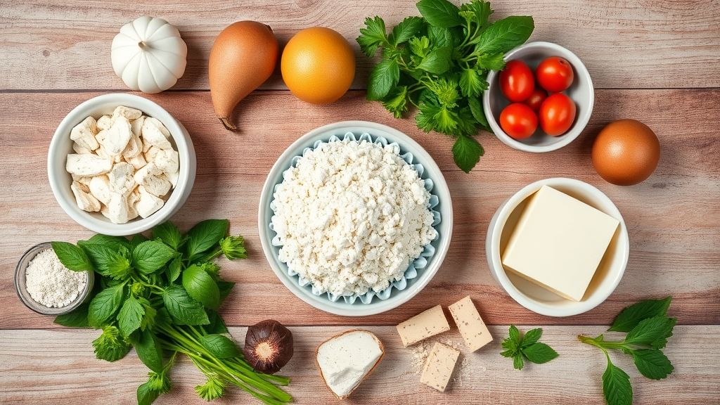 Visão de cima com os ingredientes do bolo de chocolate e Kit Kat organizados em uma bancada