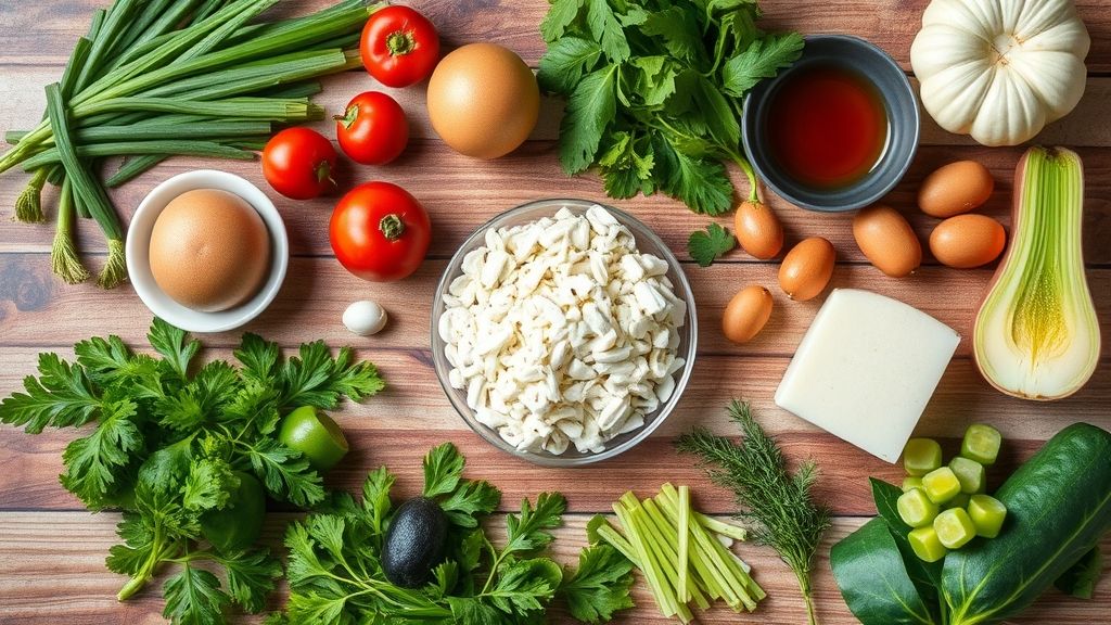 Visão de cima com ovos, farinha, chocolate em pó, açúcar e outros ingredientes dispostos em tigelas sobre bancada rústica
