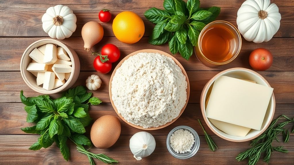 Ingredientes separados da receita sobre bancada de madeira, incluindo ovos, frutas cristalizadas e manteiga