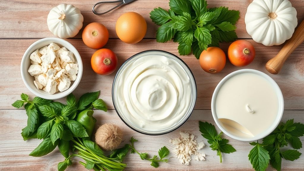 Visão de cima com leite condensado, leite de coco, ovos, manteiga e farinha organizados sobre bancada rústica