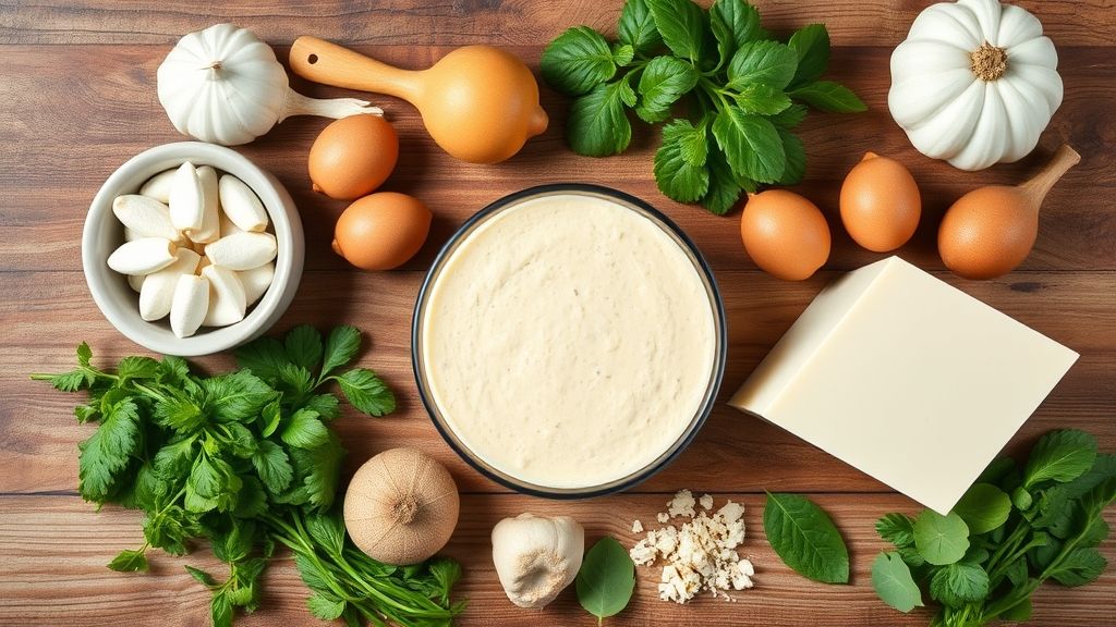 Ingredientes organizados em bancada de madeira: ovos, doce de leite, leite condensado, leite, manteiga, farinha e fermento