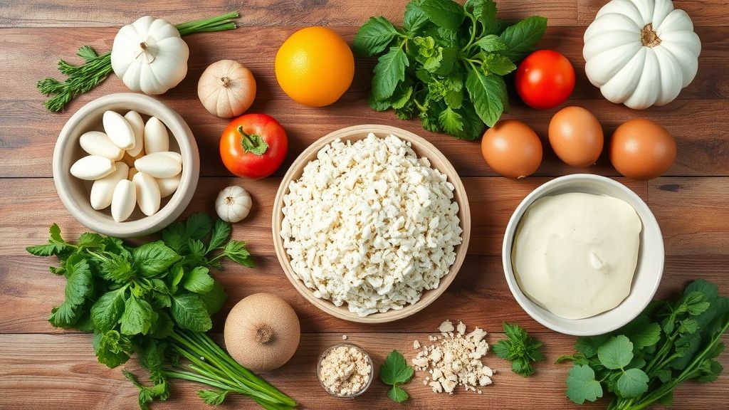 Ingredientes organizados em bancada, com ovos, leite, leite de coco, açúcar, manteiga, farinha e coco ralado