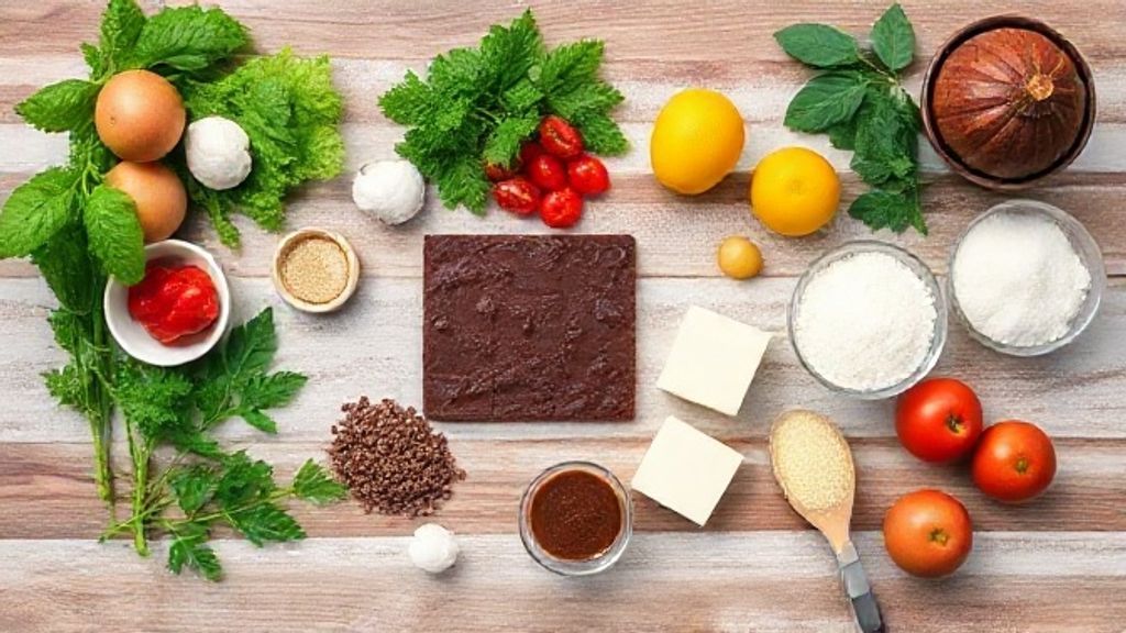 Visão de cima com os ingredientes do bolo pudim de chocolate organizados em uma bancada