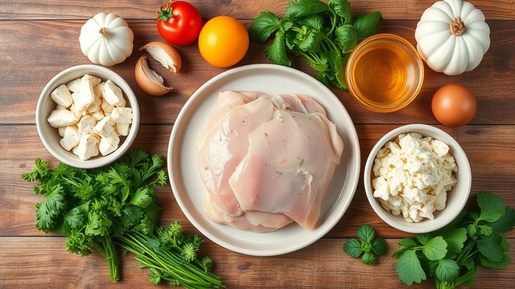 Visão de cima com os ingredientes da receita organizados em uma bancada de madeira