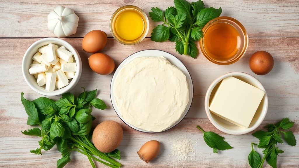 Ingredientes frescos e medidos em potes, dispostos sobre bancada de madeira