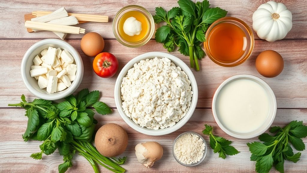 Visão de cima com os ingredientes organizados: ovos, farinha, leite, açúcar e substitutos do óleo