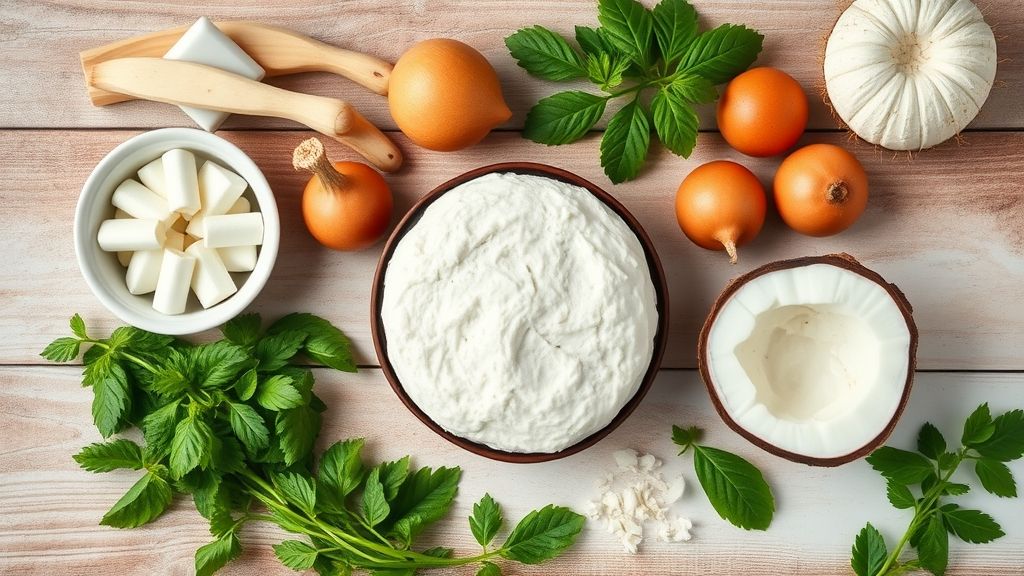 Visão de cima com farinha, leite de coco, ovos, manteiga e coco ralado organizados em tigelas sobre bancada de madeira.