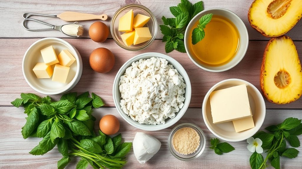 Visão de cima com ovos, abacaxi picado, chocolate branco, farinha e leite organizados em uma bancada rústica.