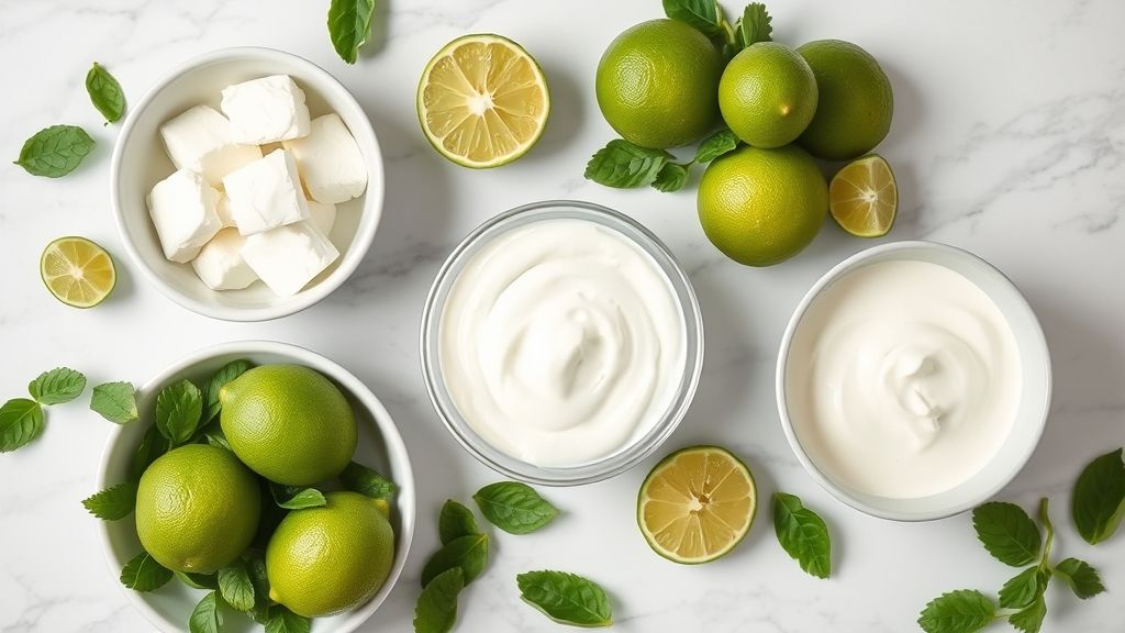 Visão de cima com os ingredientes da receita organizados em uma bancada de mármore com limões frescos e tigelas separadas