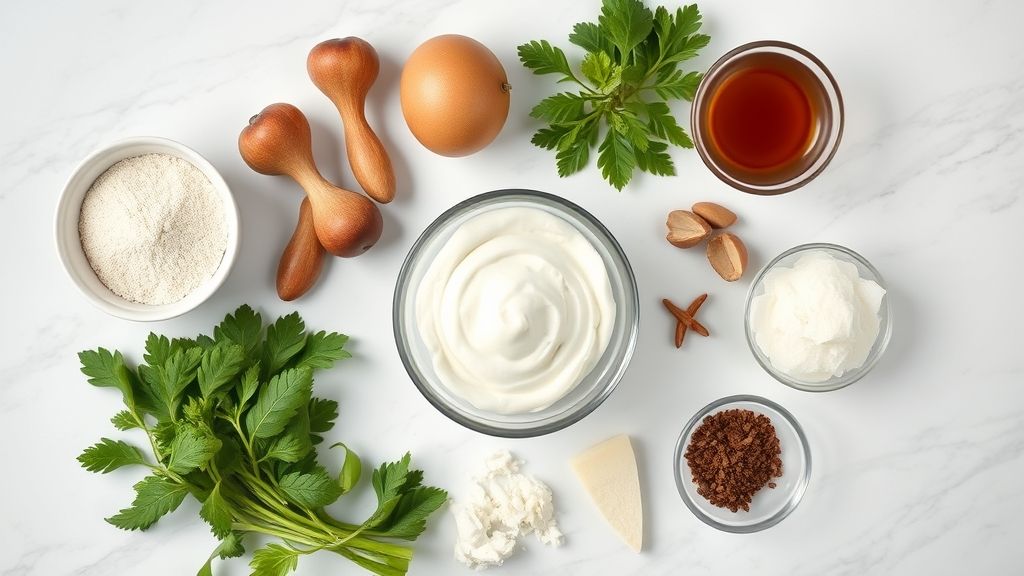 Visão de cima com ingredientes do brigadeirão cremoso organizados em bancada de mármore