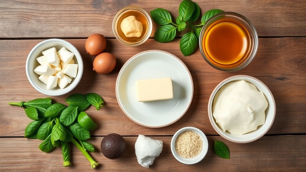 Ingredientes do brigadeiro dispostos em bancada de madeira com leite condensado, chocolate em pó e manteiga