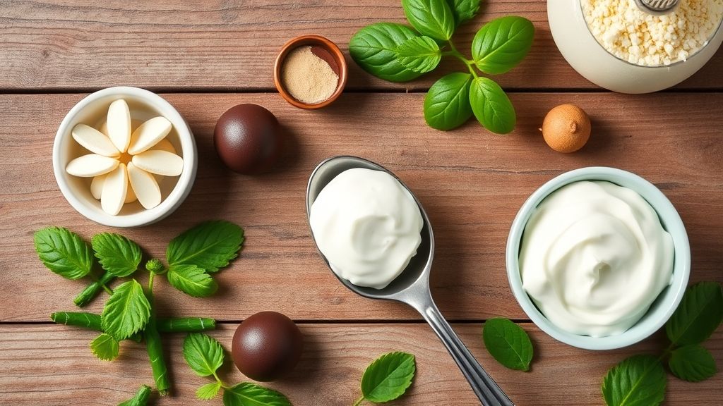 Visão de cima com leite condensado, creme de leite, chocolate em pó e manteiga sobre bancada