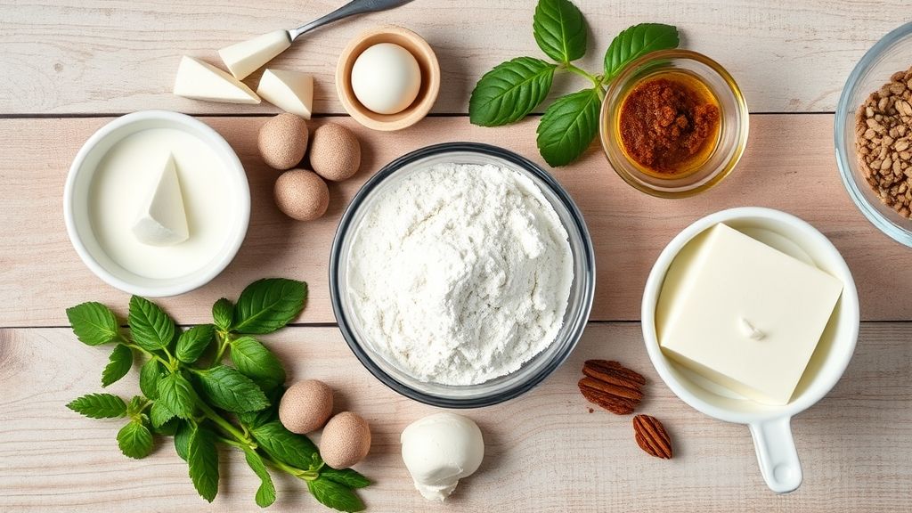 Visão de cima com todos os ingredientes medidos e organizados em tigelas sobre bancada clara