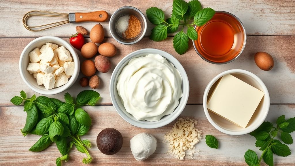 Visão de cima com os ingredientes do brigadeiro de travessa organizados em uma bancada