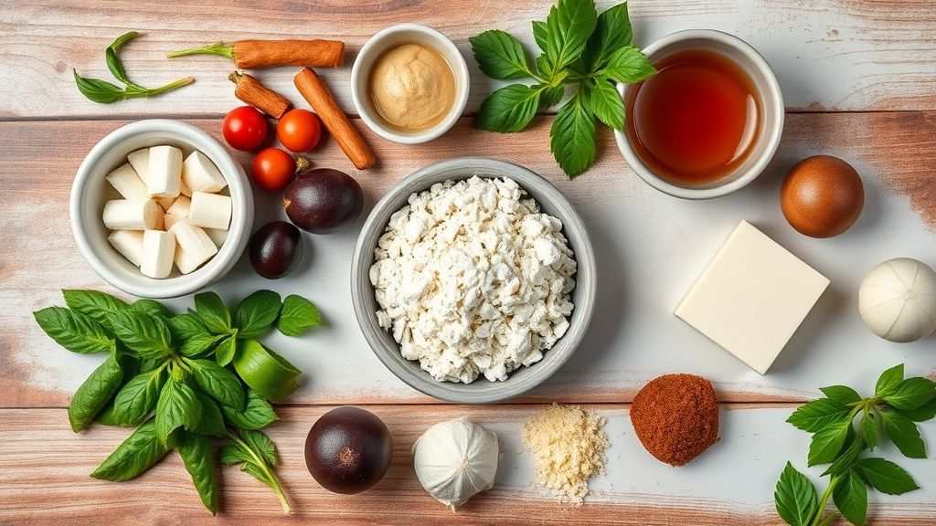 Visão de cima com os ingredientes do brigadeiro organizados em uma bancada de mármore clara