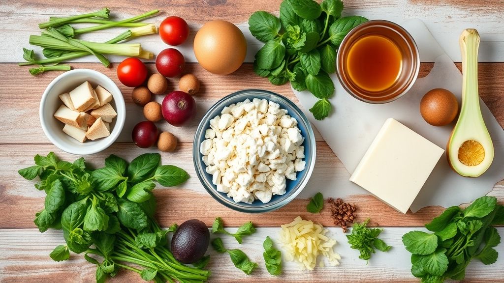 Ingredientes organizados em flat lay, incluindo leite condensado, chocolate em pó, manteiga e granulados.