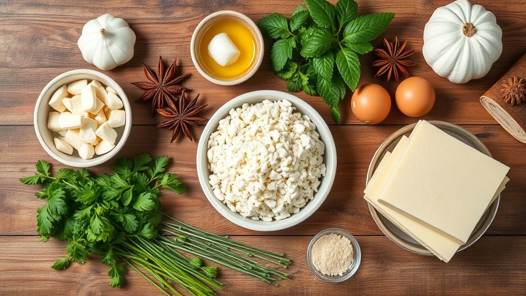 Vista de cima mostrando fubá, farinha, açúcar, ovos, manteiga e erva-doce organizados em tigelas sobre bancada de madeira