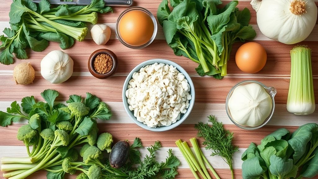 Visão de cima dos ingredientes como brócolis, manteiga, alho e sal organizados sobre bancada de madeira.