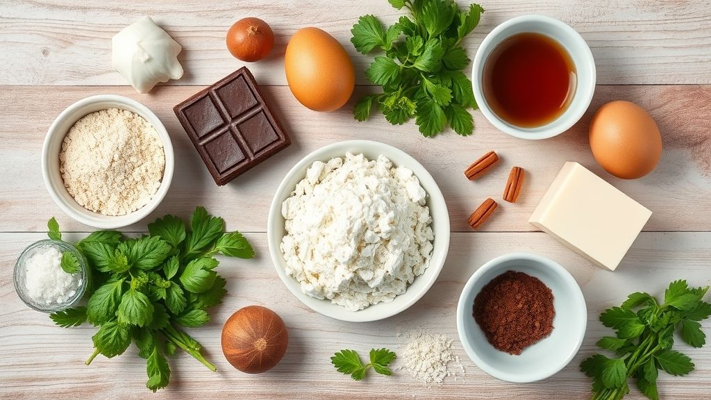 Visão de cima com chocolate, manteiga, açúcar, ovos e farinha organizados em uma bancada rústica